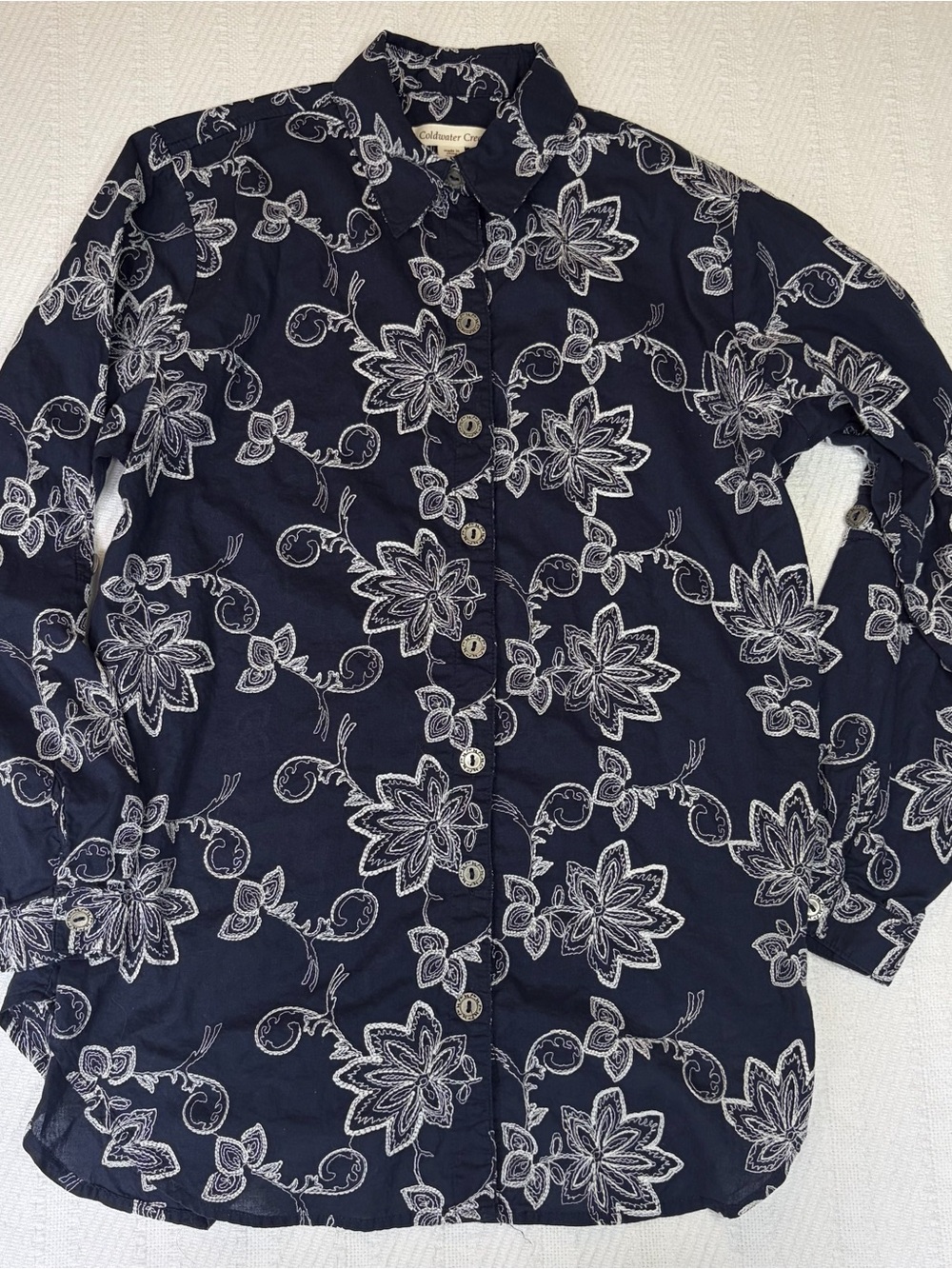 Coldwater Creek Blouse Petite Small Navy Blue Floral Embroidered Button Cotton